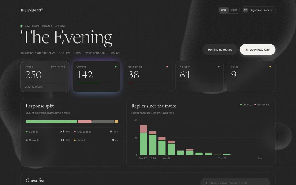 RSVP dashboard in dark mode
