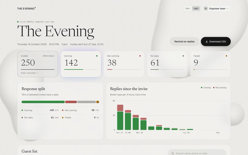 RSVP dashboard in light mode